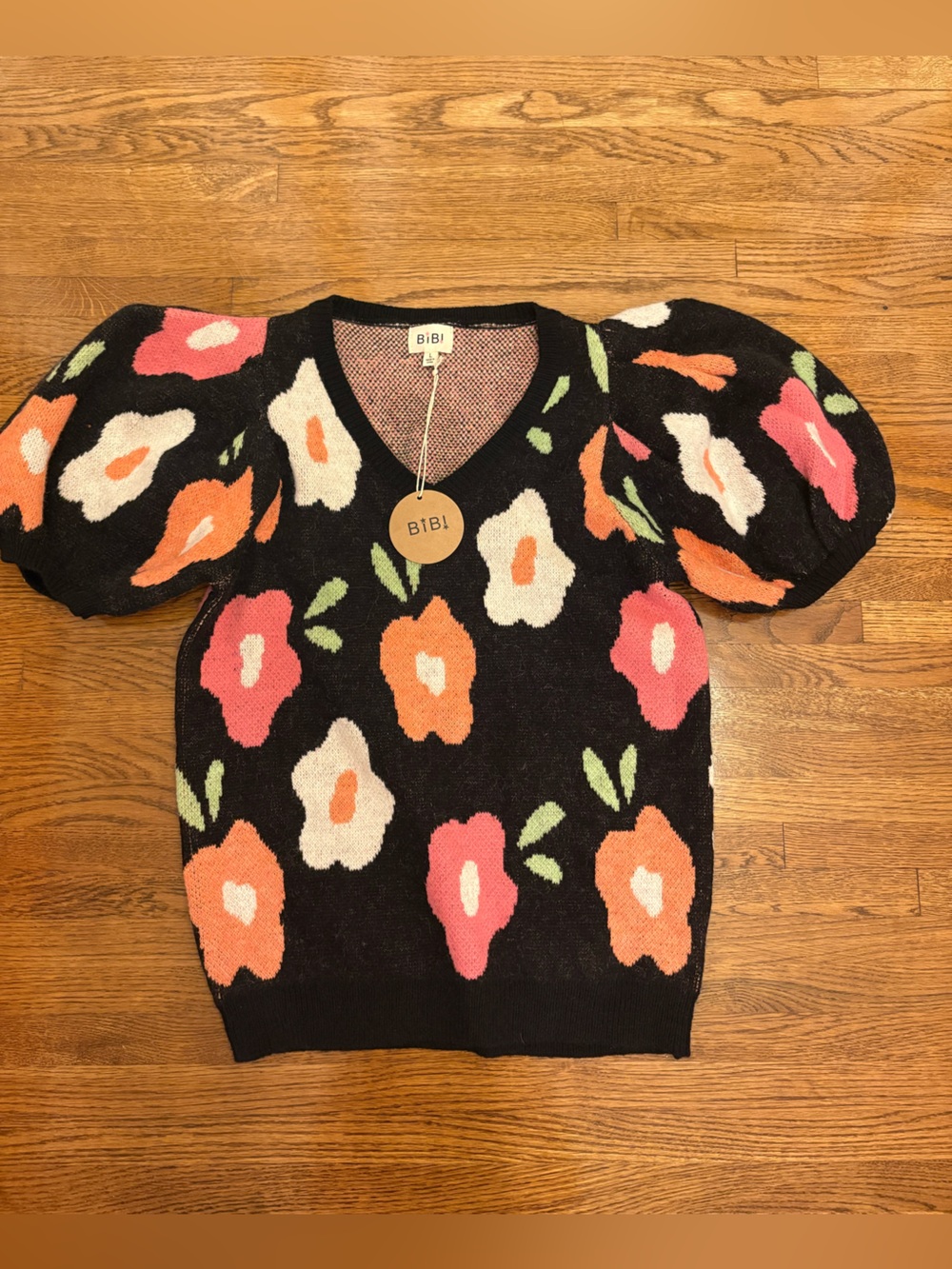 BiBi Black Floral Puff-Sleeve V-Neck Sweater
